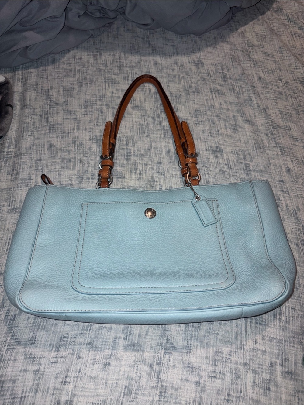 Coach Leather Tote Handbag in Light Blue Chelsea with Brown Straps